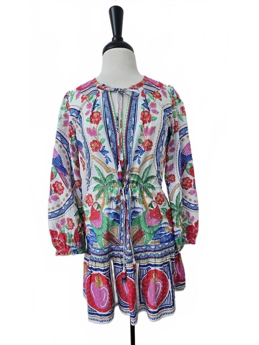 Farm Rio - Colorful Bohemian Style Long Sleeve Dress with Tassels